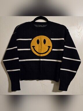 Originality Smiley Face Sweater Women's Medium Black Striped Knit Crewneck